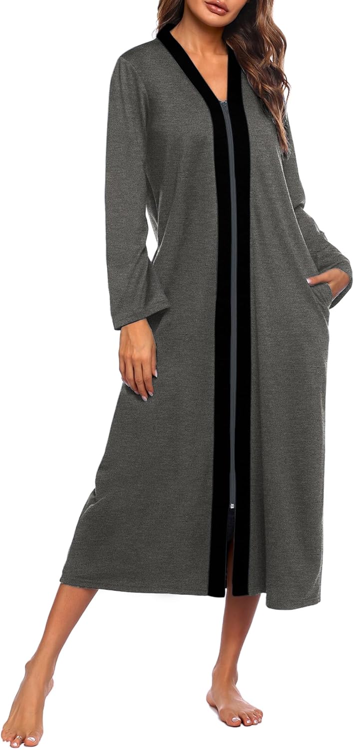 Ekouaer Women Zipper Robe Long Sleeve Lightweight Housecoat