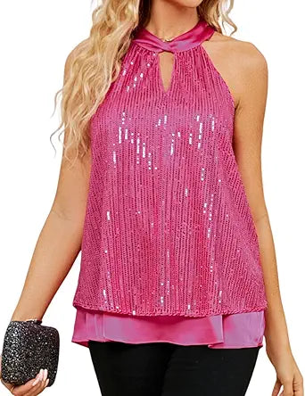 JASAMBAC Sequin Sparkle Halter Tops for Women Party Wear