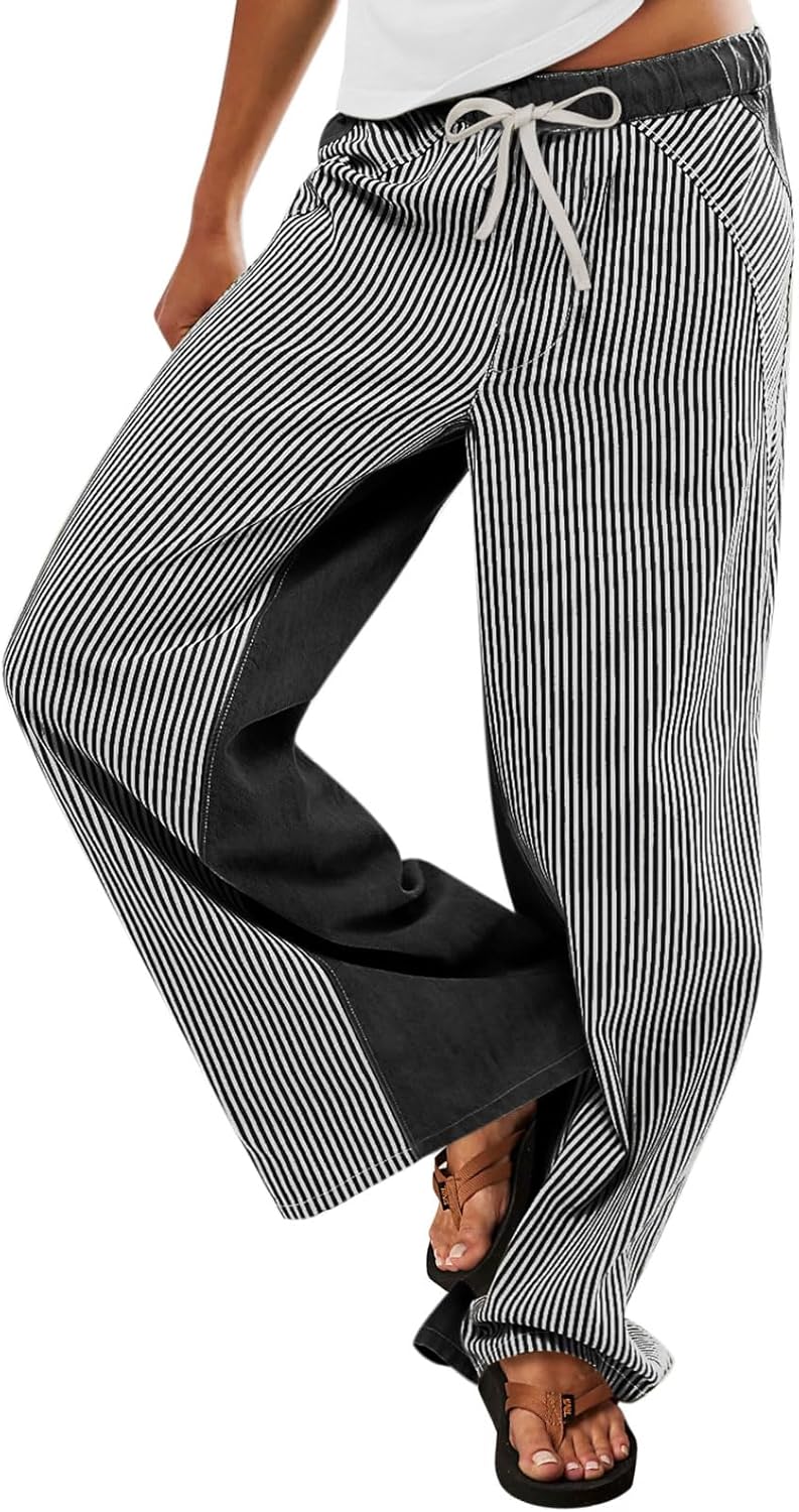 Low Rise Striped Pants for Women Trendy Boho Wide Leg Jeans