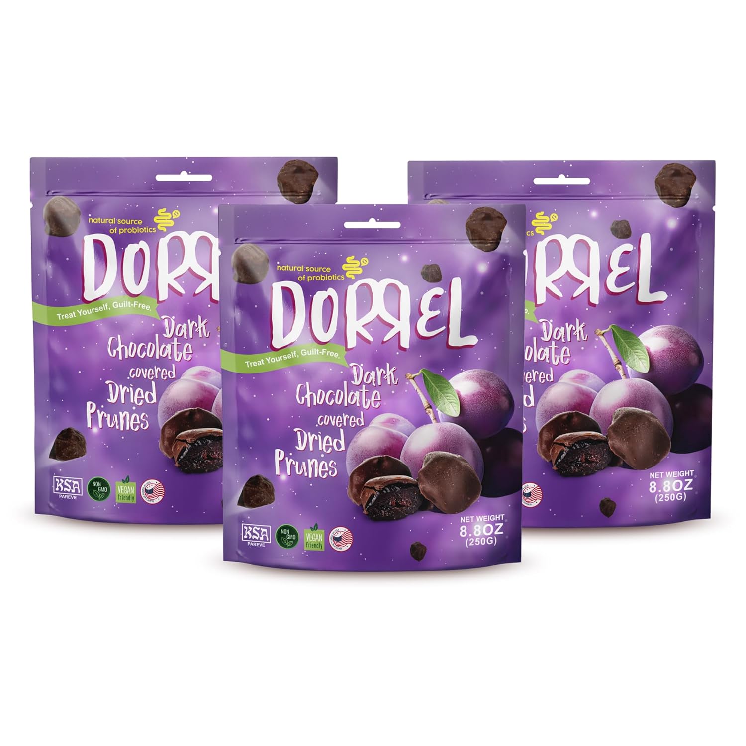 DORREL Belgian Dark Chocolate Covered Dried Prunes Snack Pack