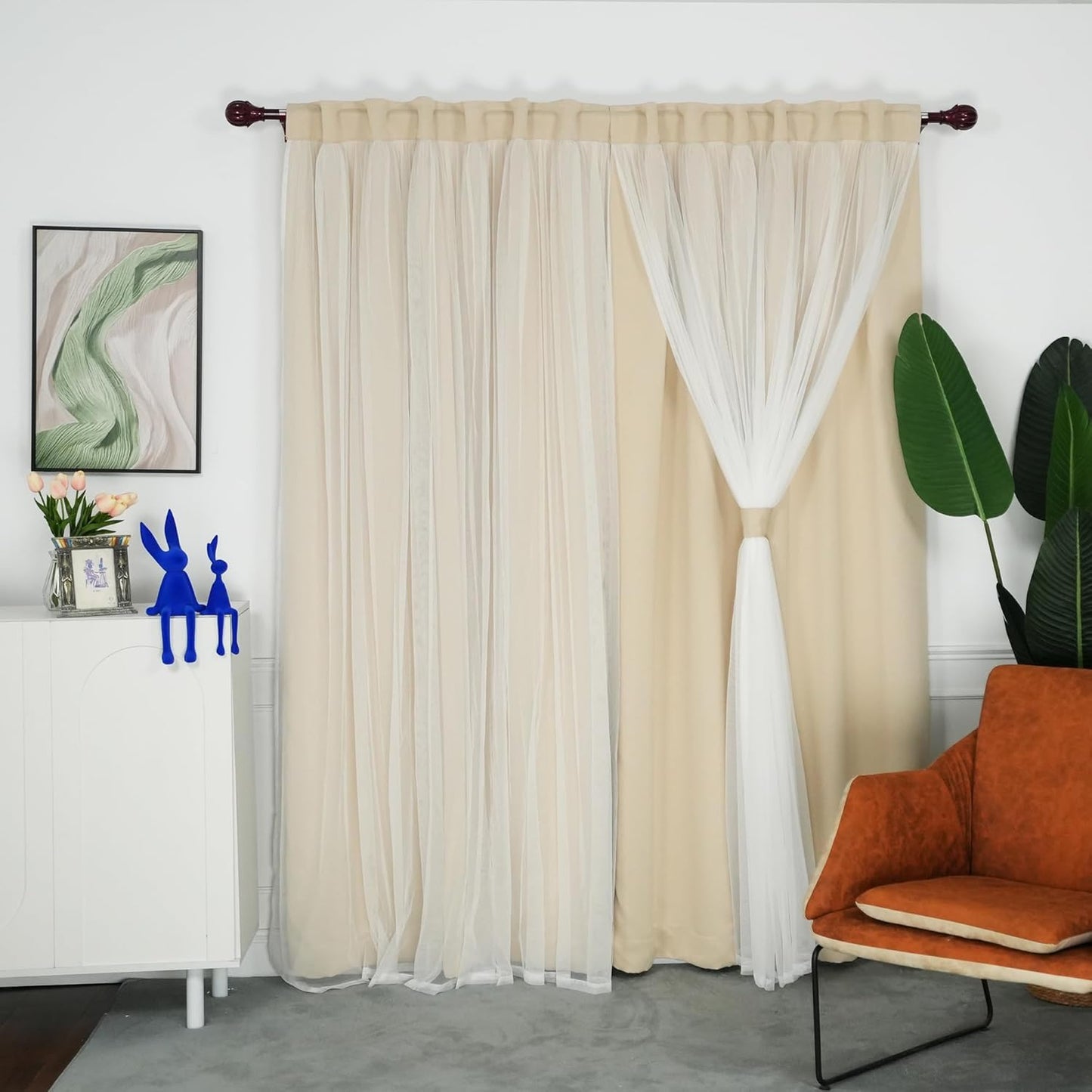 Elegant Beige Blackout Curtains with Sheer Overlay for Home