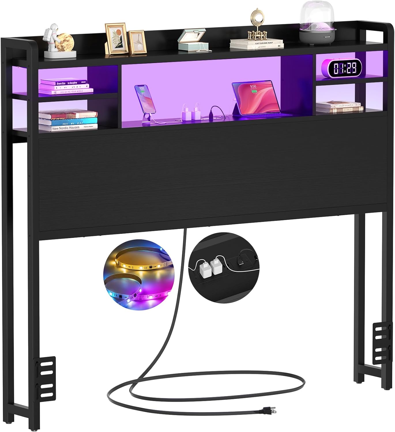 Aheaplus Twin Size Headboard with Storage and LED Lights