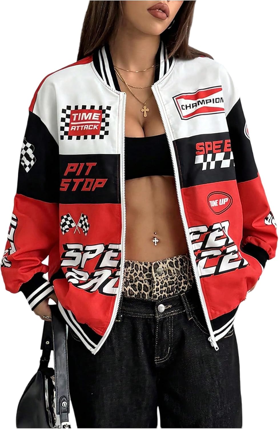 GORGLITTER Women's Racing Jacket Color Block Zip Up Varsity Style