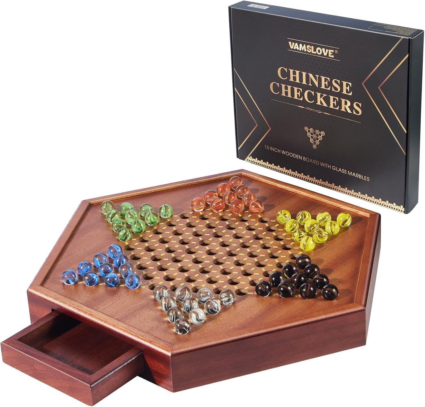 VAMSLOVE Chinese Checkers Large Wooden Game Board with Marbles