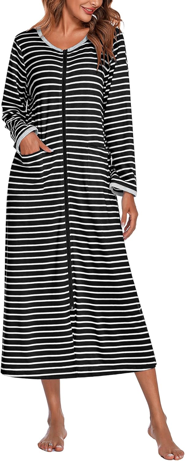 Ekouaer Women Long House Coat Zipper Front Robes with Pockets