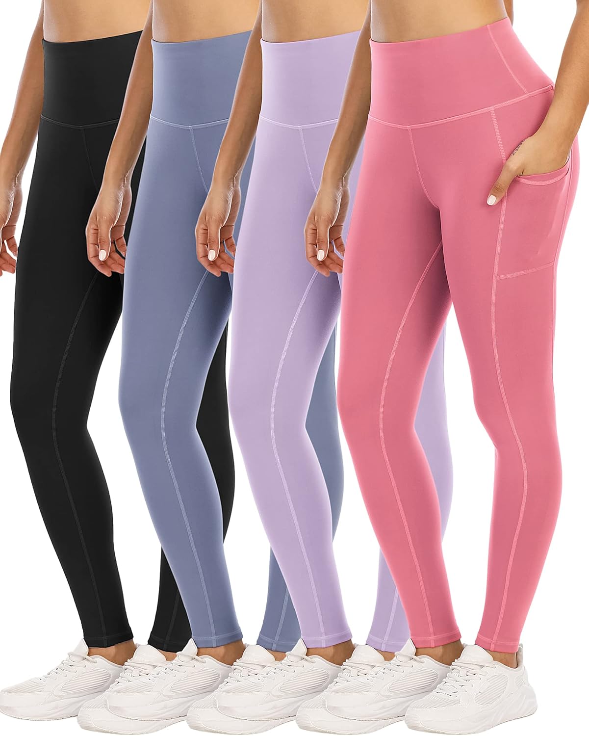 4 Pack Leggings with Pockets for Women - High Waist Tummy Control
