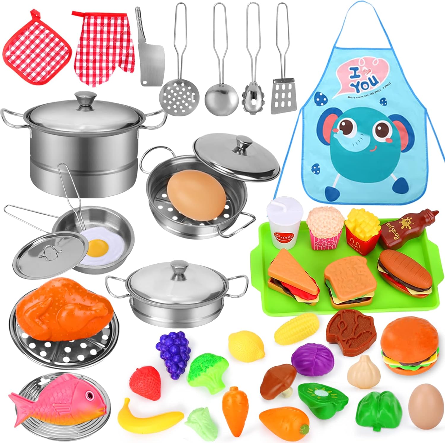 46Pcs Stainless Steel Kids Cookware Set w/ Cute Apron