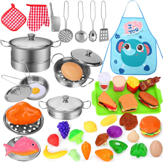 46Pcs Stainless Steel Kids Cookware Set w/ Cute Apron