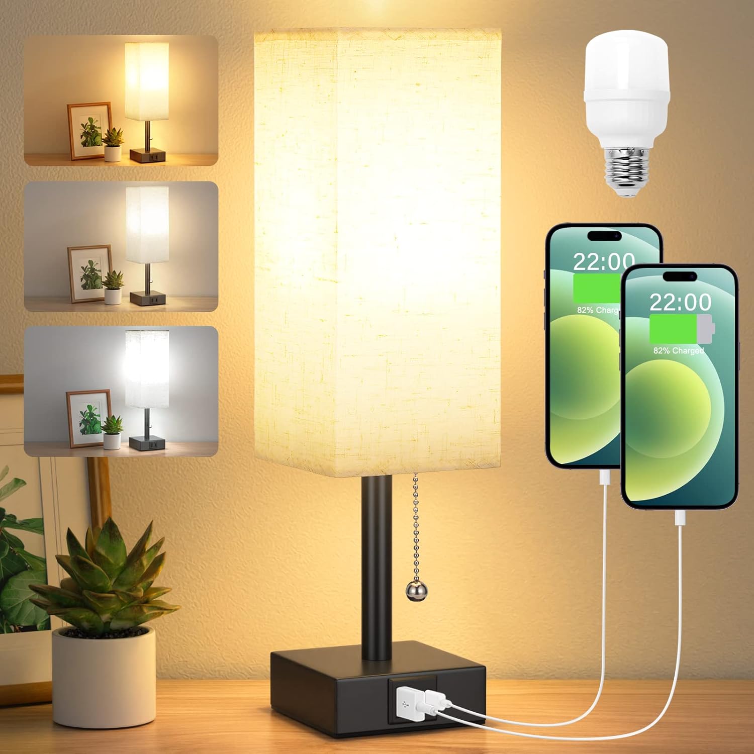 3-in-1 Bedside Lamp - Adjustable Color Temp & USB Ports