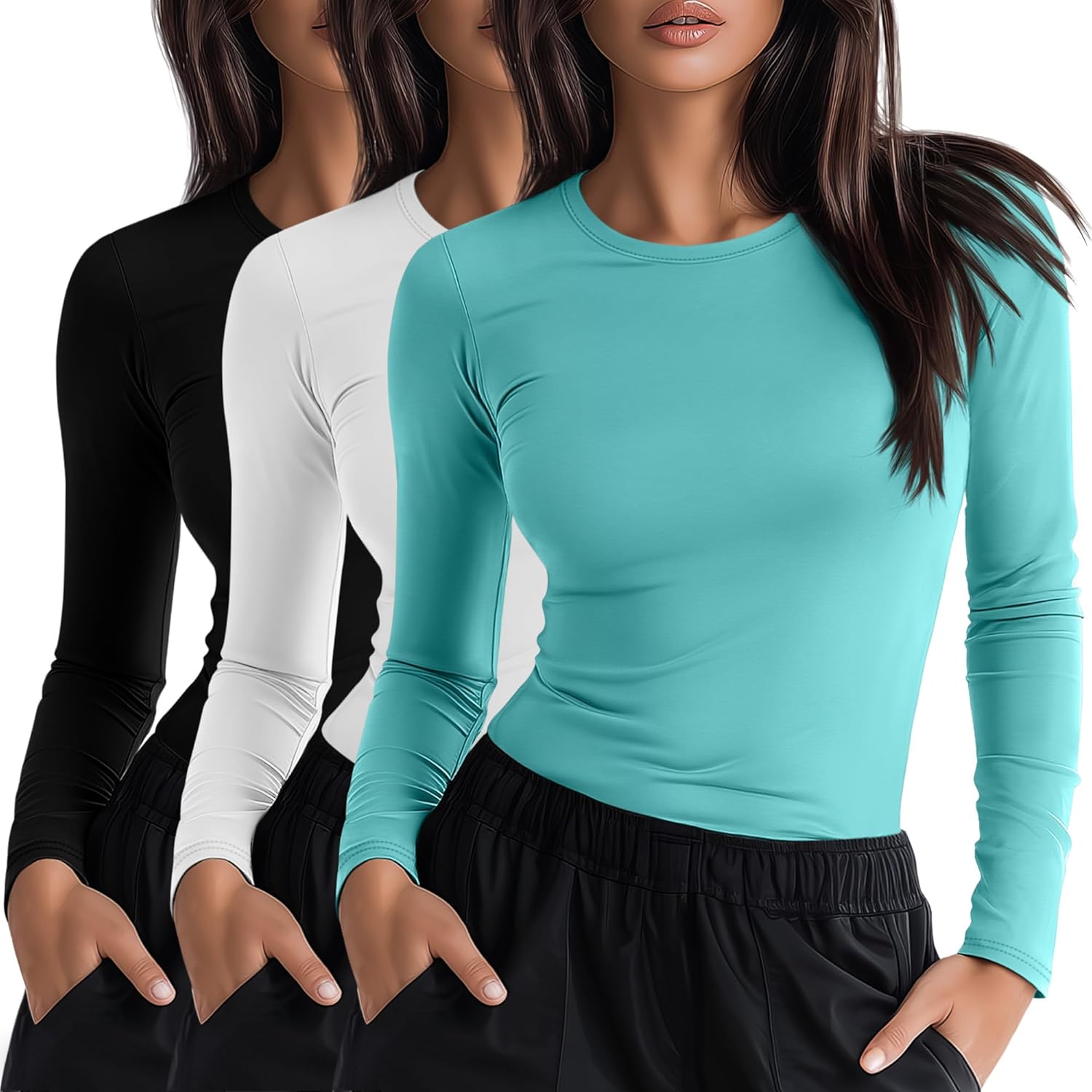 Neer 3 Pack Womens Long Sleeve Crewneck Underscrub Shirts