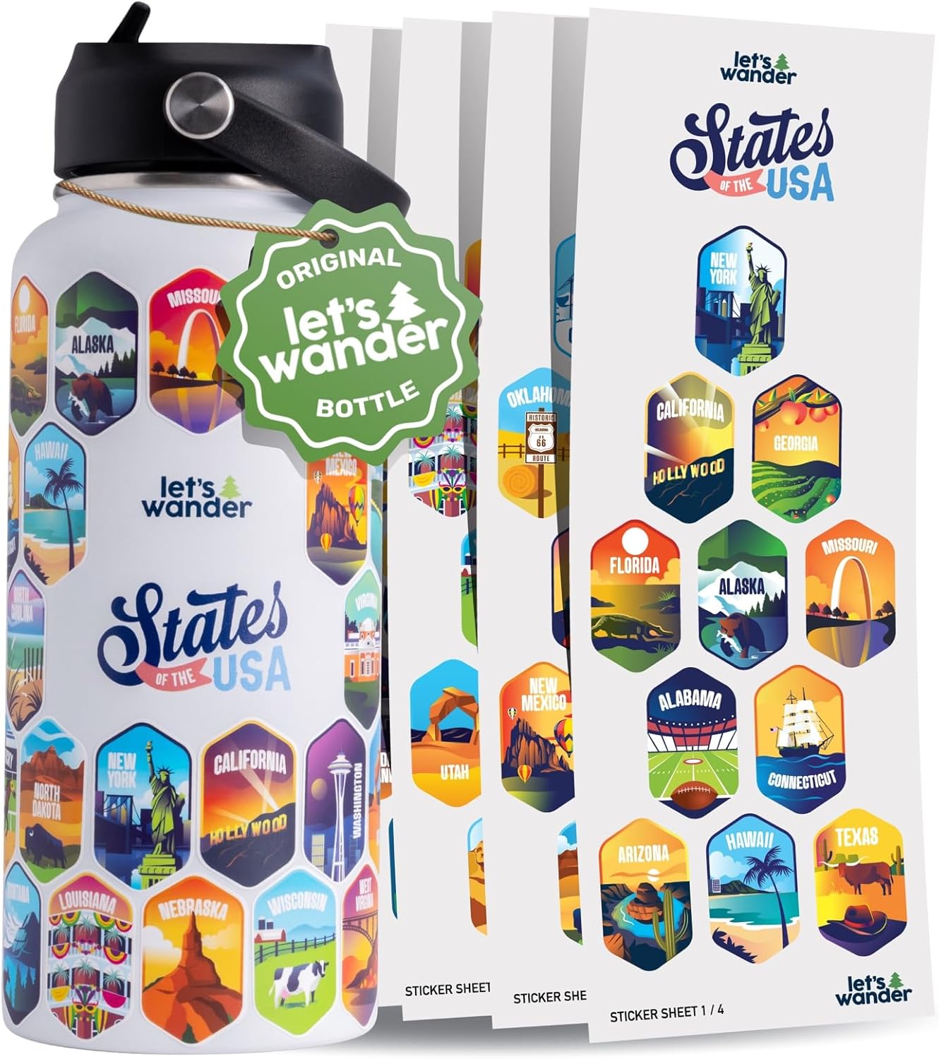 50 States Water Bottle with Waterproof Stickers - 32oz Insulated