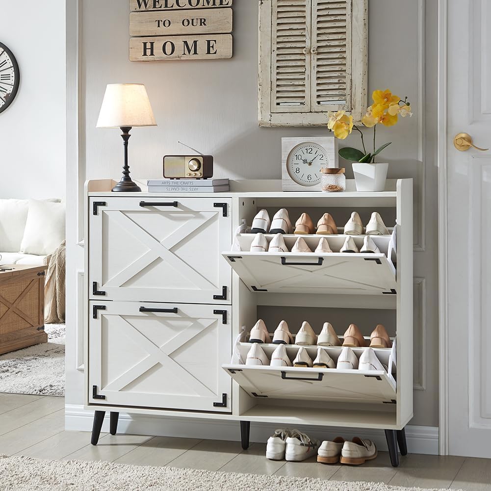 Farmhouse Shoe Storage Cabinet with 4 Flip Drawers for Entryway