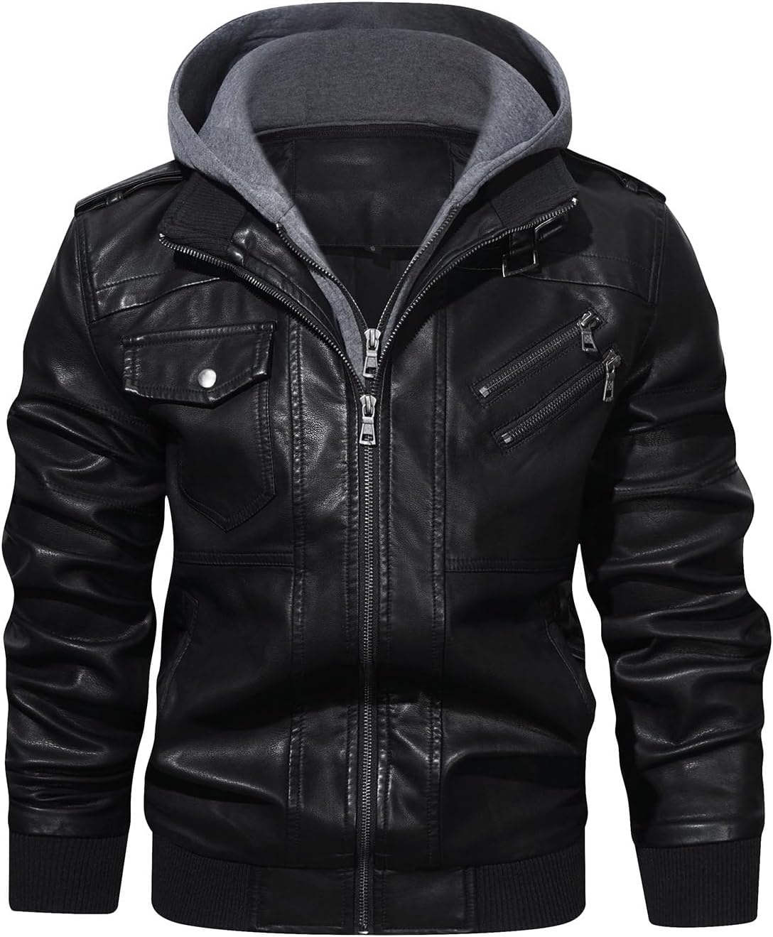 HOOD CREW Mens Casual Stand Collar PU Faux Leather Jacket
