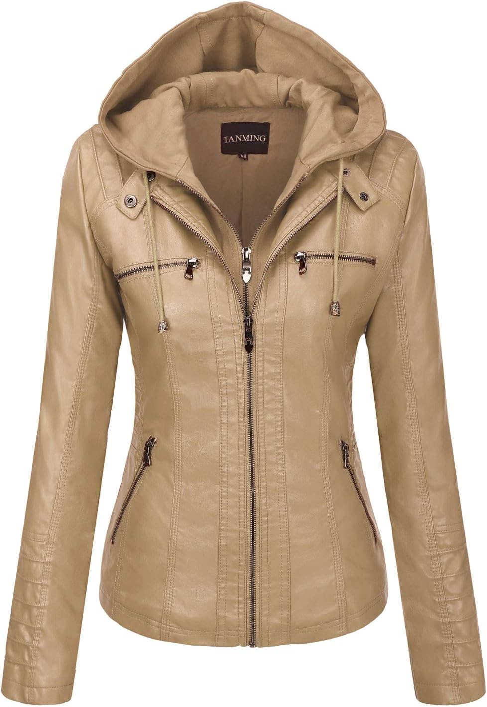 Tanming Womens Faux Leather Jacket with Detachable Hood