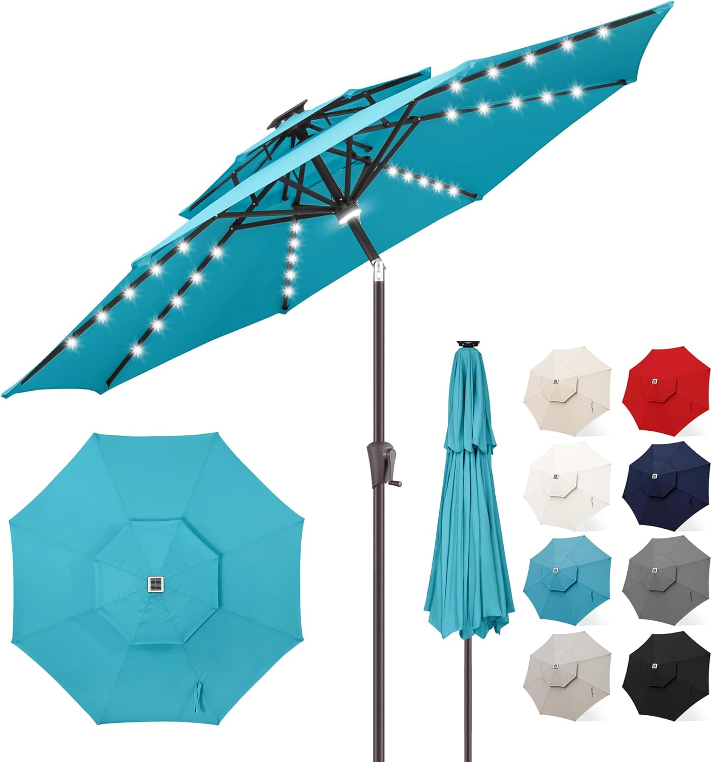 9 ft Double Top Solar Powered Outdoor Market Umbrella with LED Lights