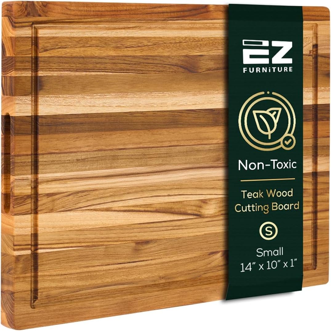 Non-Toxic Teak Wood Cutting Board with Juice Groove & Handles