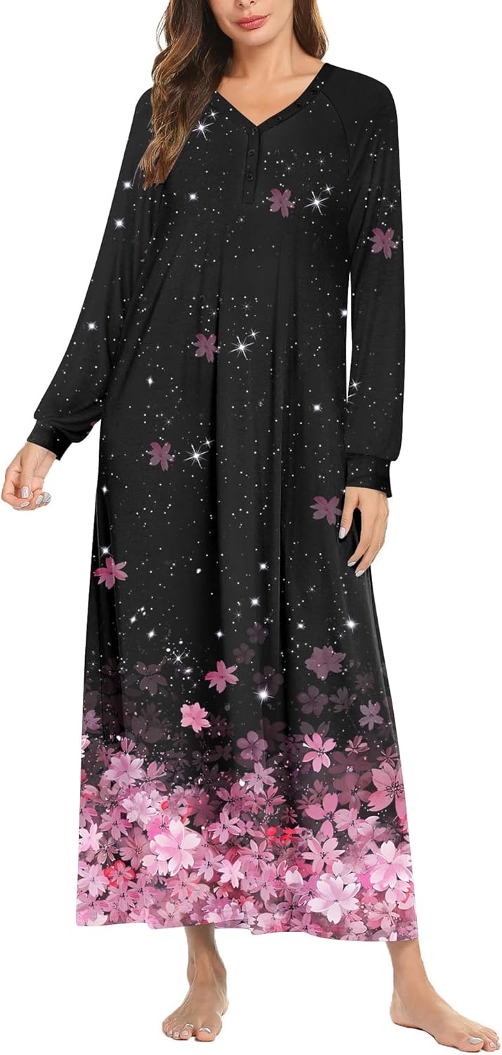 Ekouaer Nightgown Long Sleeve V Neck Loungewear for Comfort