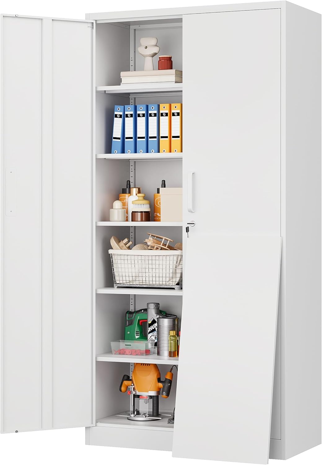 Wide Deep Metal Storage Cabinet with Lockable Doors and Shelves
