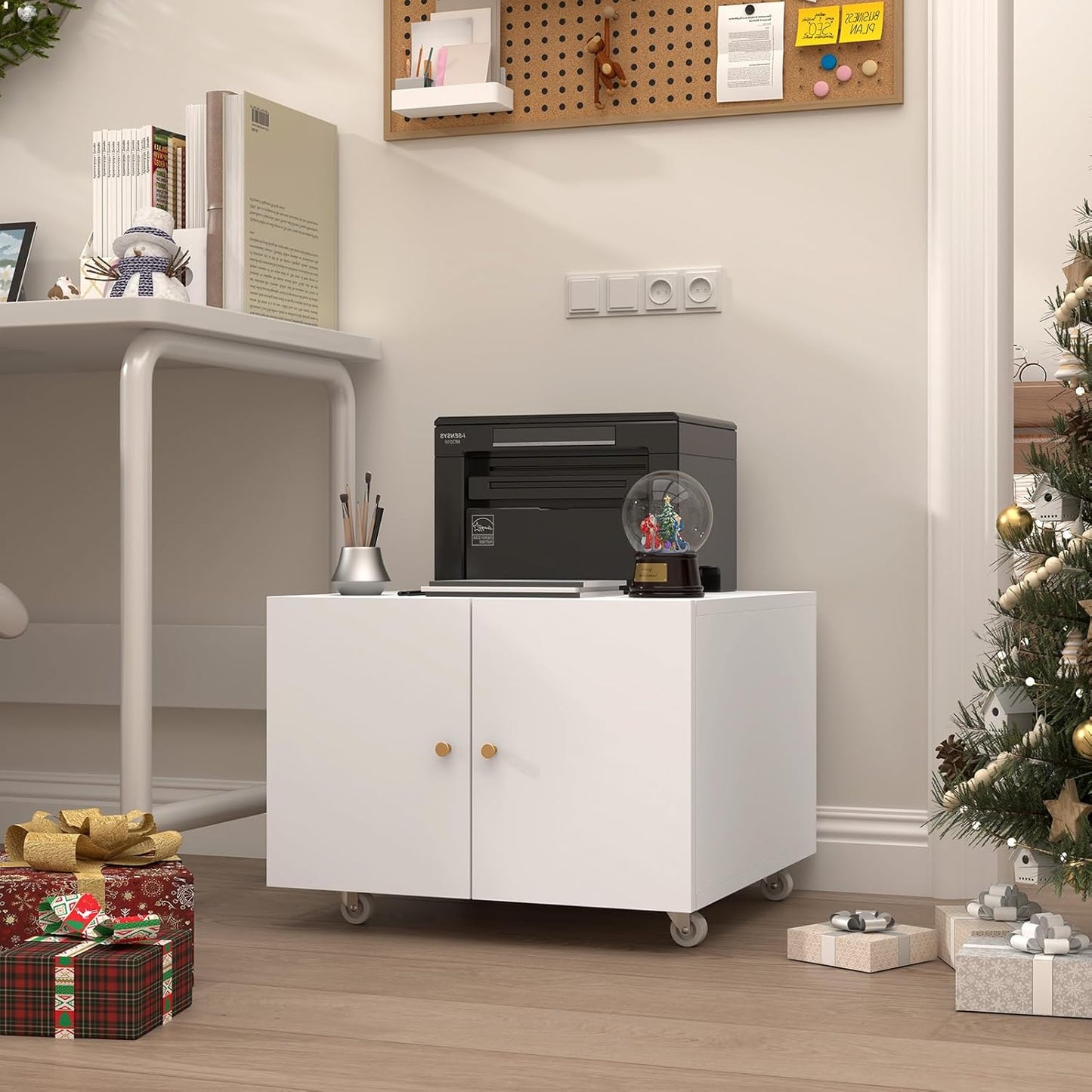 Mobile Printer Stand with Storage & Wheels, White