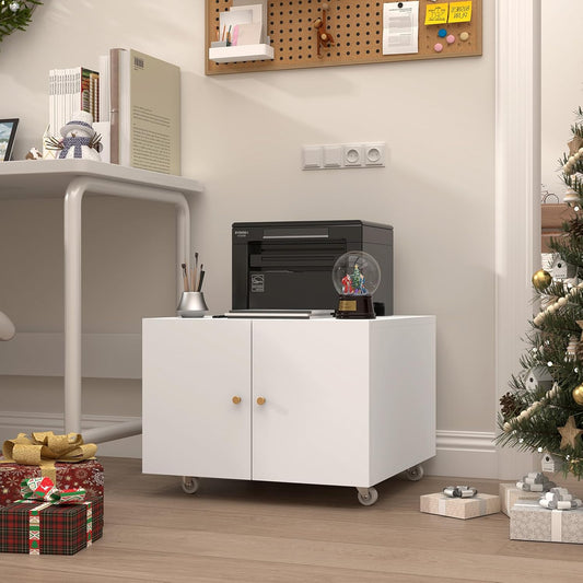 Mobile Printer Stand with Storage & Wheels, White