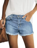 Luvamia Women's Casual Mid Rise Denim Shorts - Stretch Ripped Raw Hem