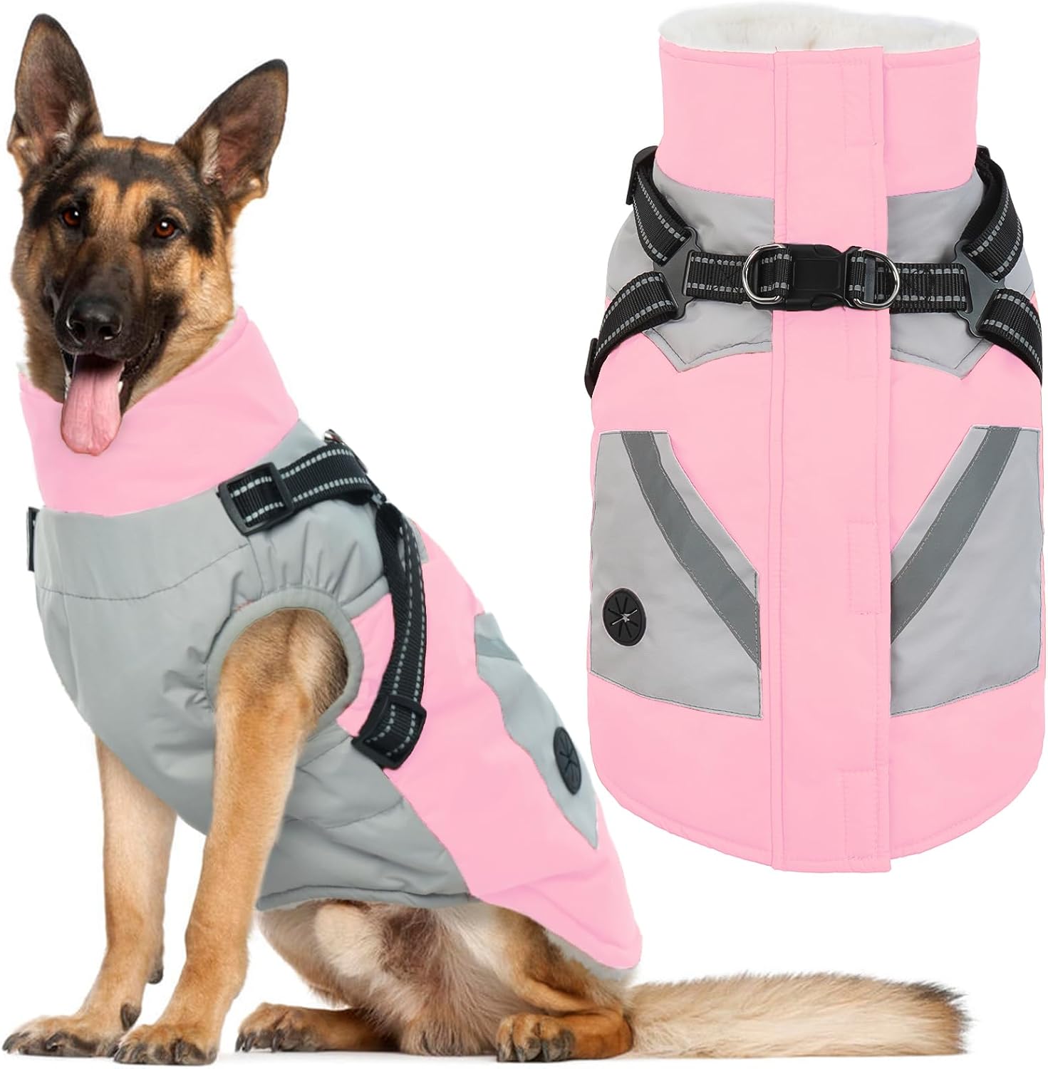 IECOii Dog Winter Coat with Harness for Large Dogs, Pink