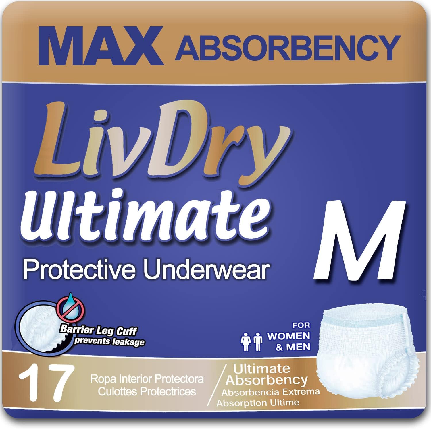 Max Absorbent Incontinence Underwear, Leak Protection, Medium, 17-Pack