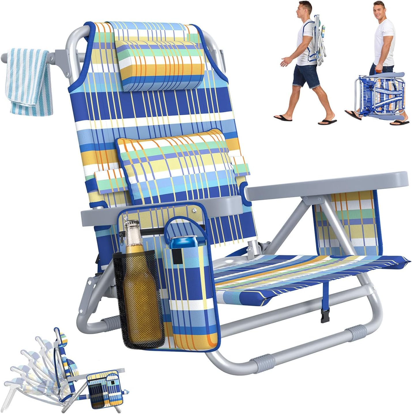 Suteck Adjustable 5-Position Beach Chair with Cooler Bag