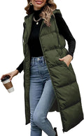 Long Puffer Vest Women Quilted Hooded Sleeveless Zip Up Coat - Warm