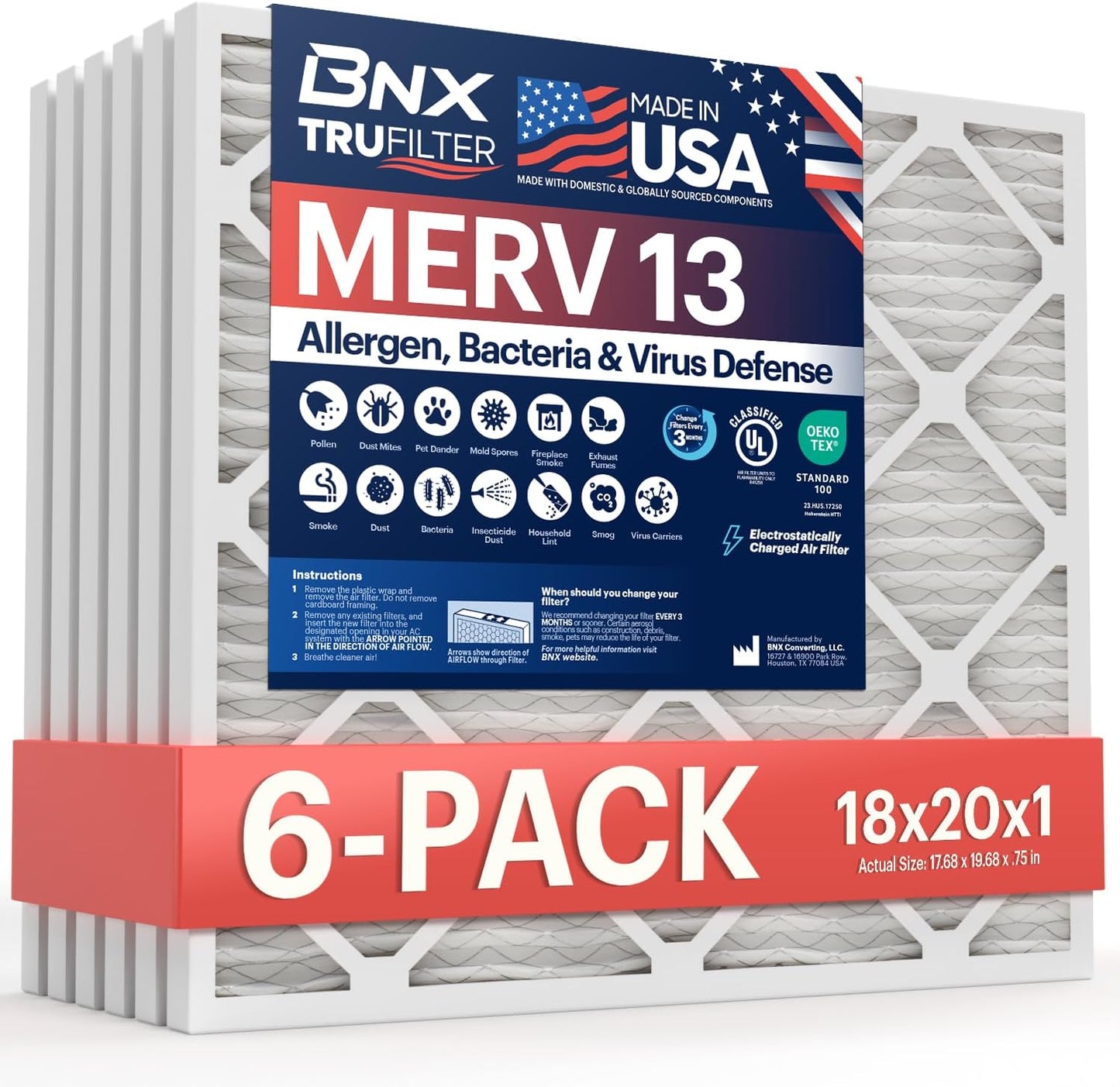 BNX TruFilter 18x20x1 MERV 13 Air Filter for Allergies & More