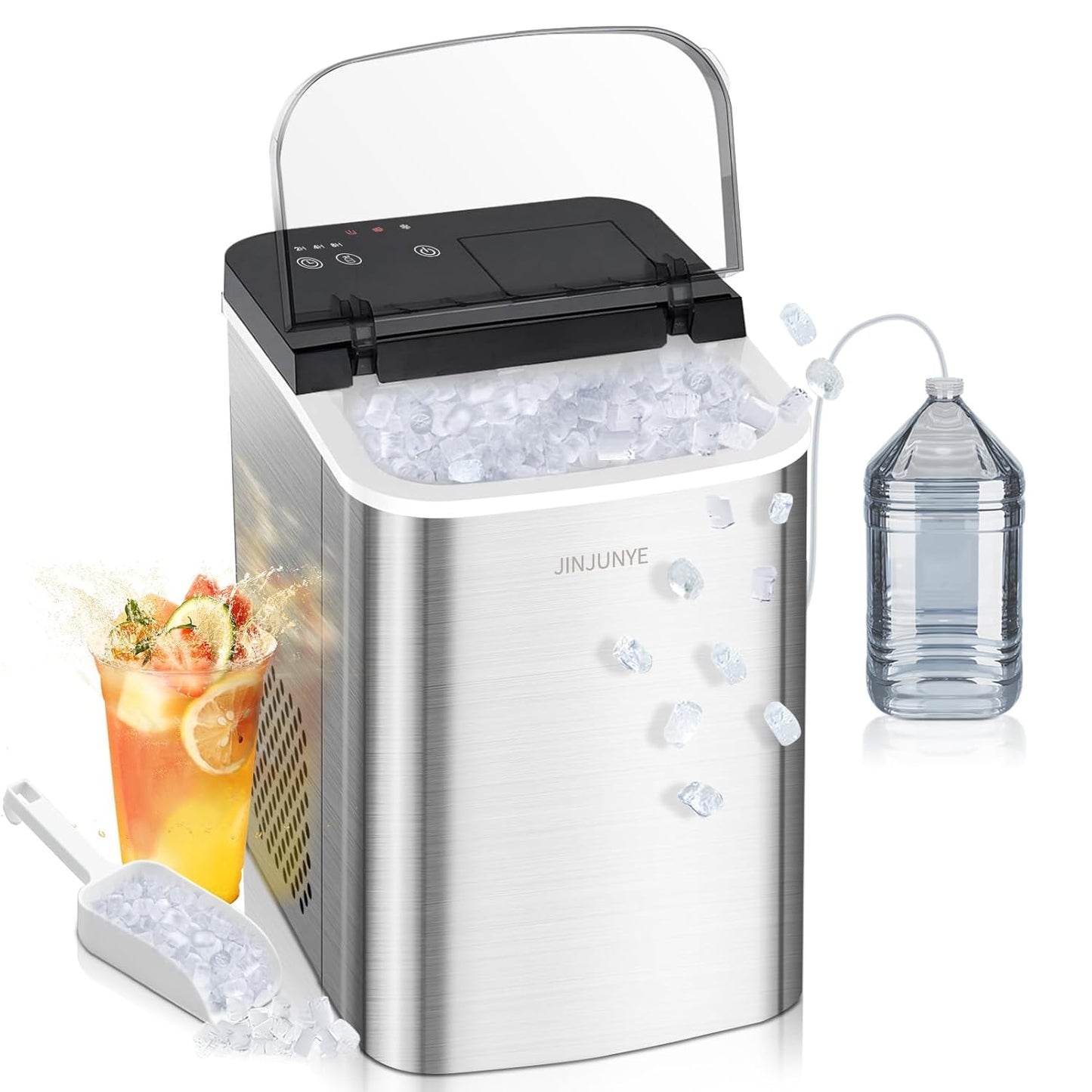 JINJUNYE Portable Nugget Ice Maker - 40LBS/Day, Timer, Soft Chewable Pellets