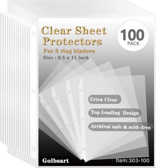 100 Pack Sheet Protectors: Top Loading, Reinforced Holes