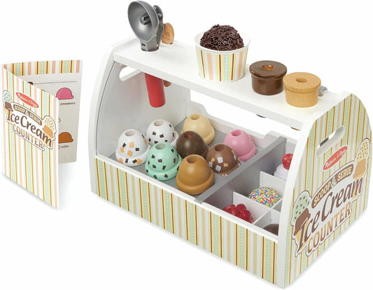 Melissa & Doug Wooden Ice Cream Counter Set - 28pcs Pretend Play Food