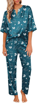Silk Satin Pajama Set for Women - Short Sleeve V Neck with Long Pants