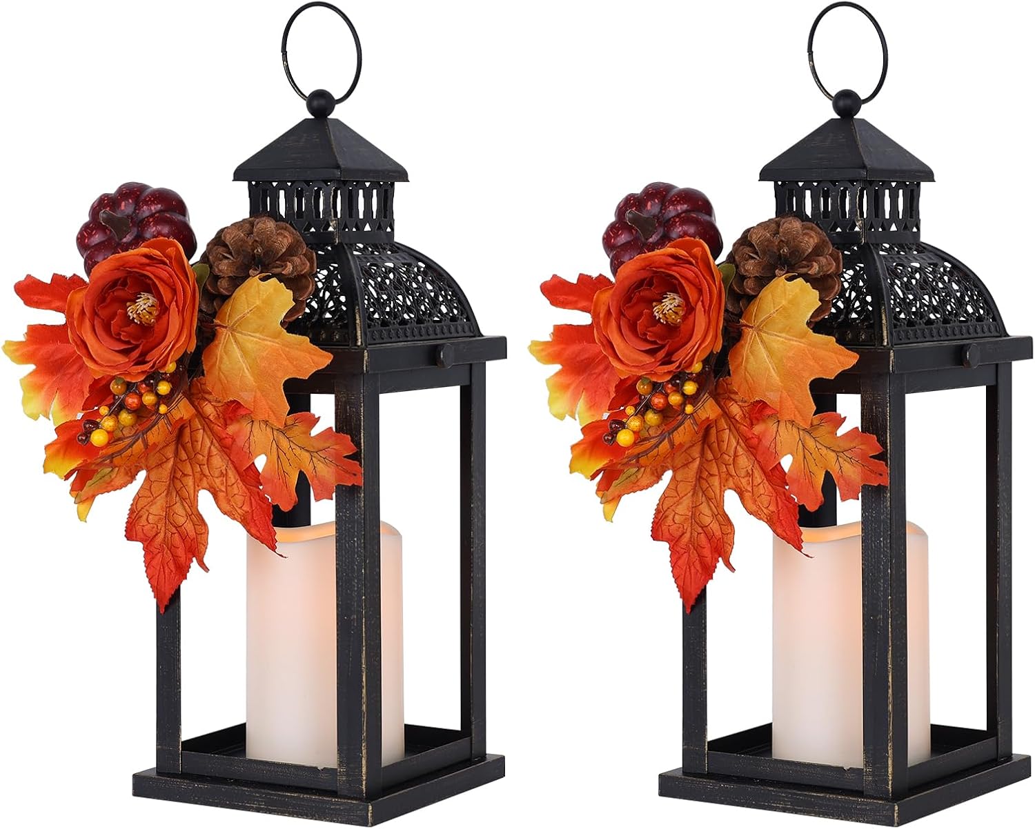 Fall Lantern Indoor Outdoor Decor with LED Candle and Wreath