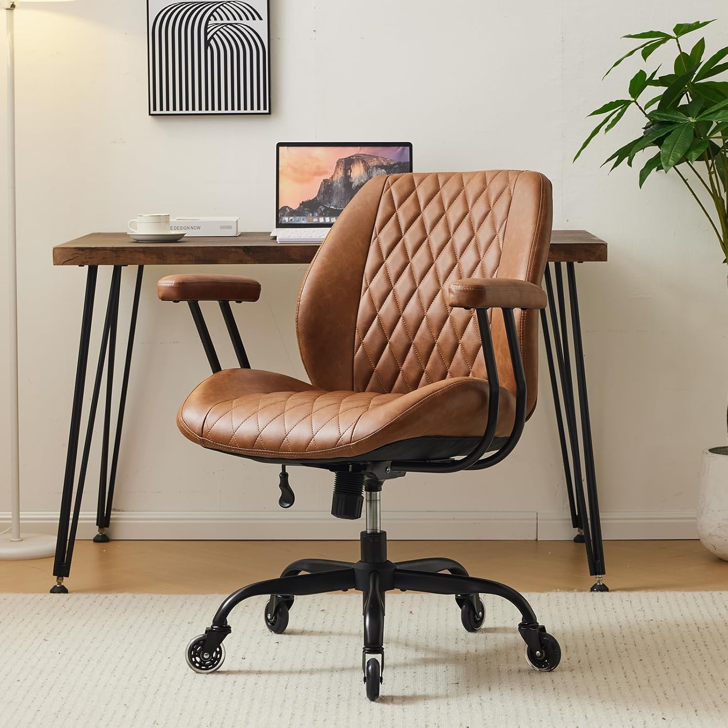YFO Brown Leather Ergonomic Office Chair Lumbar Support
