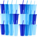 Dusty Blue Plastic Cups with Lids and Straws 24 Pc - Durable 24 oz