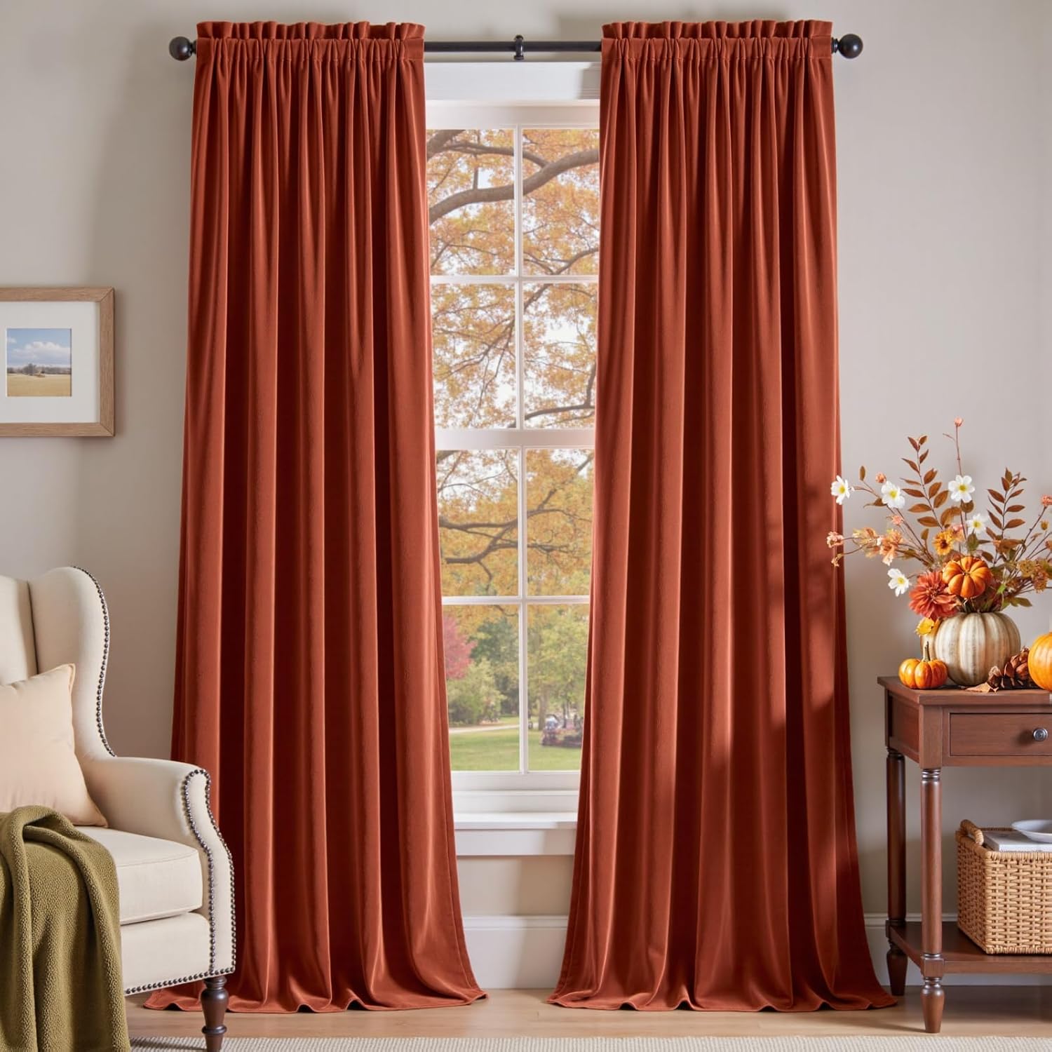 Lazzzy Rust Red Velvet Curtains for Elegant Fall Decor