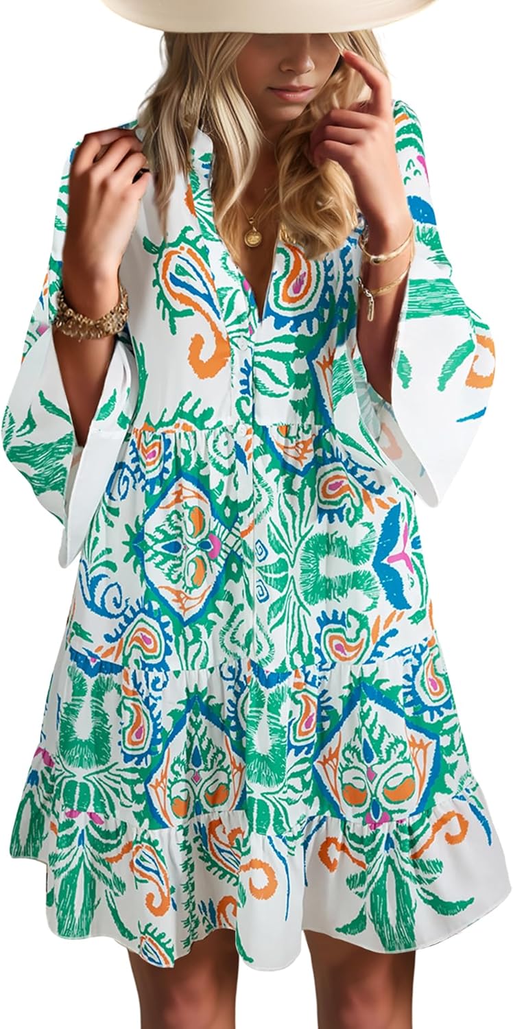 Summer Dresses for Women 2025 Flowy Ruffle V Neck Mini Dress