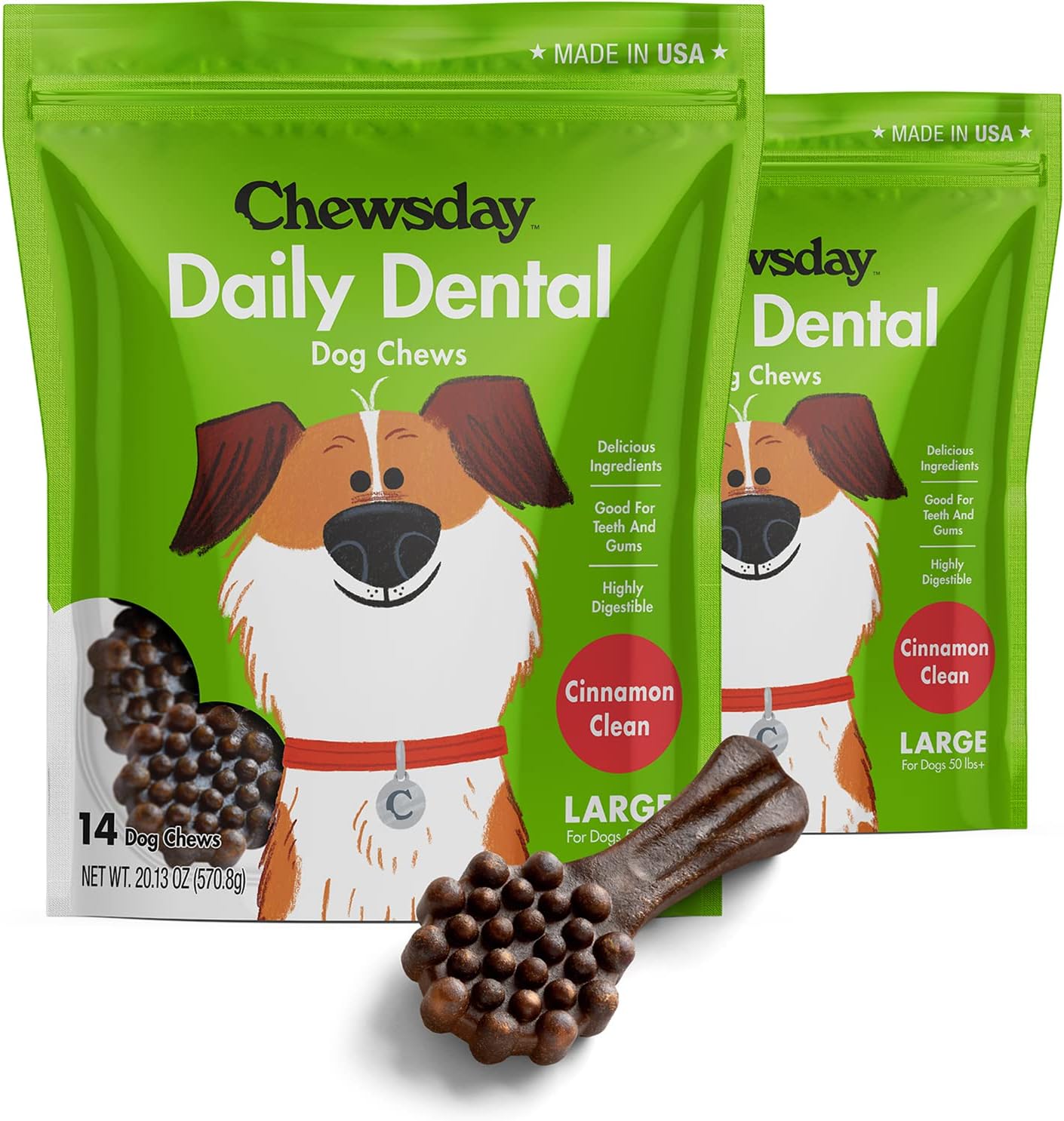 Chewsday Large Cinnamon Clean Daily Dental Dog Chews for Health