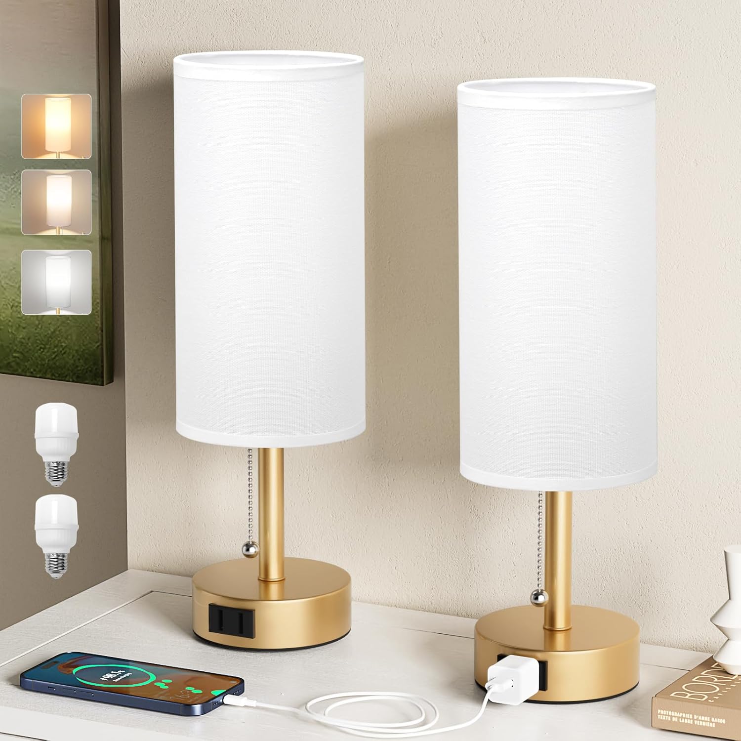 Gold Bedside Table Lamps Set of 2 with AC Outlet and Pull Chain