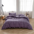 King Size Purple Grid Washed Cotton Duvet Cover Set - Soft, Breathable
