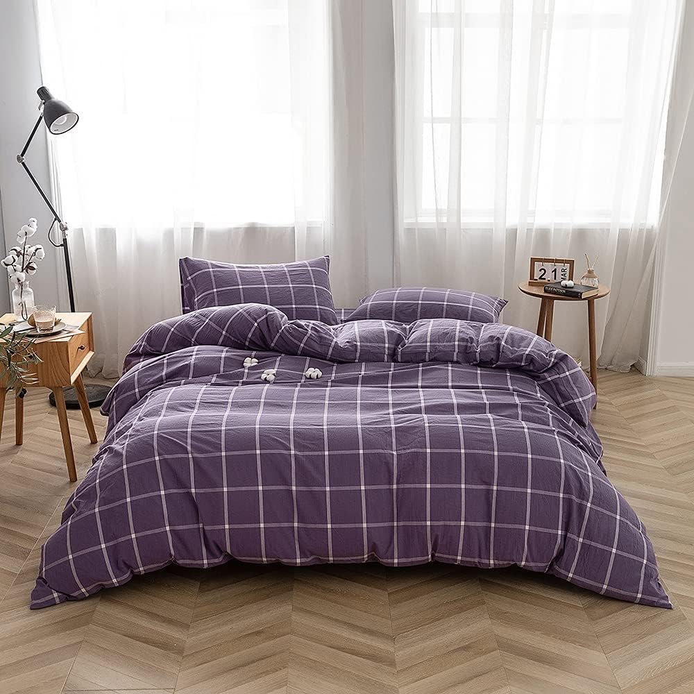 FACE TWO FACE King Size Duvet Cover Set in Purple Grid Design
