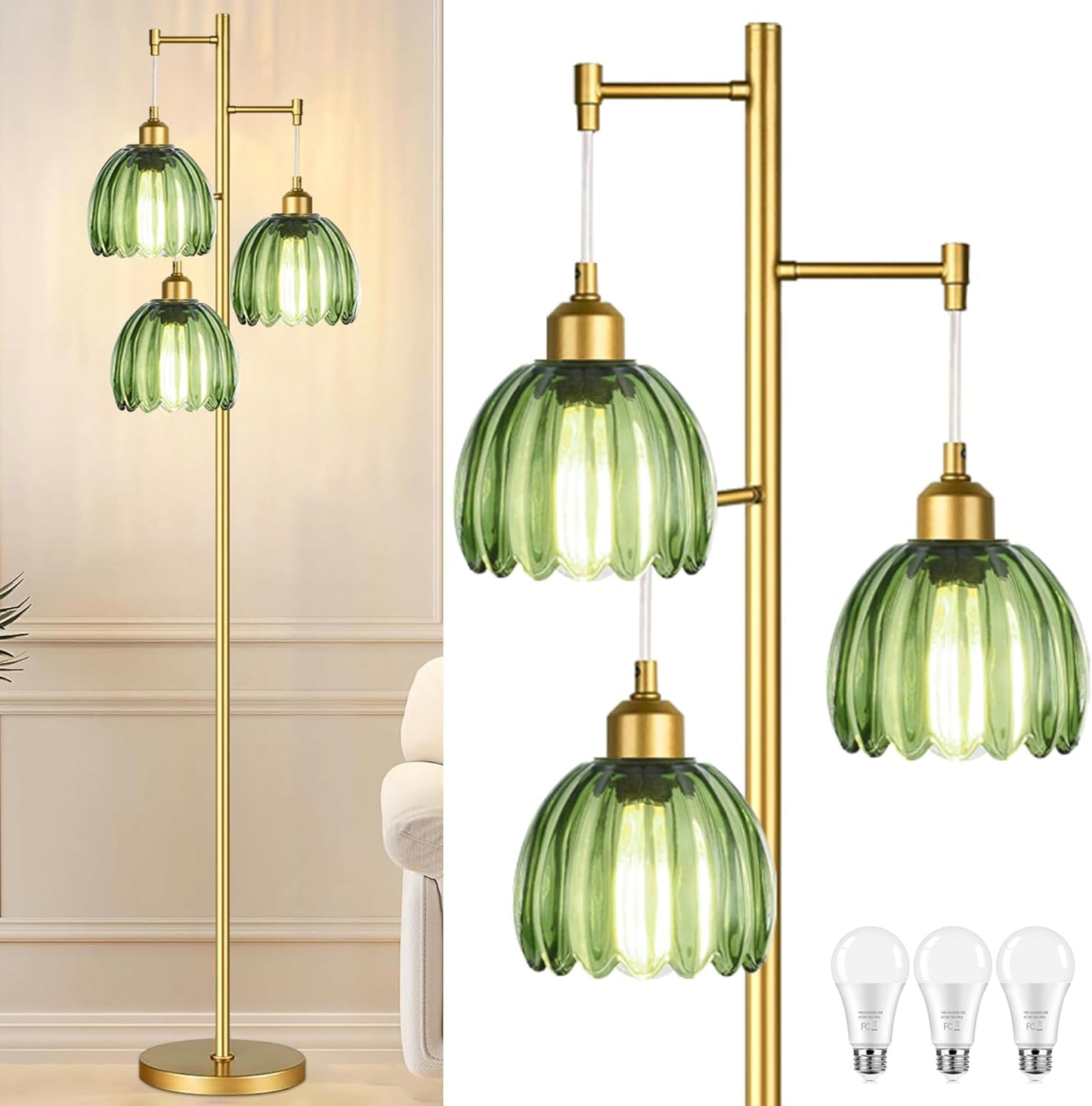 Gold Floor Lamp for Living Room with Green Glass Shades