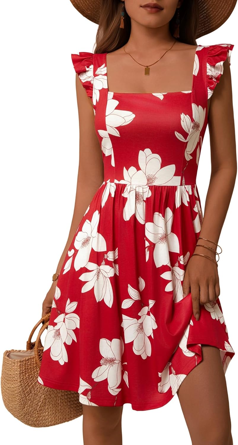Loemes Summer Casual Cute Floral Flowy Square Neck Sundress