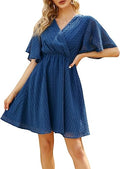 Womens Summer Swiss Dot Mini Dress Bell Short Sleeve V Neck