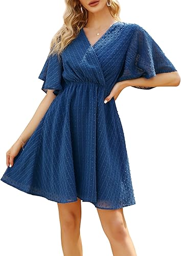 Womens Summer Swiss Dot Mini Dress with Bell Short Sleeves