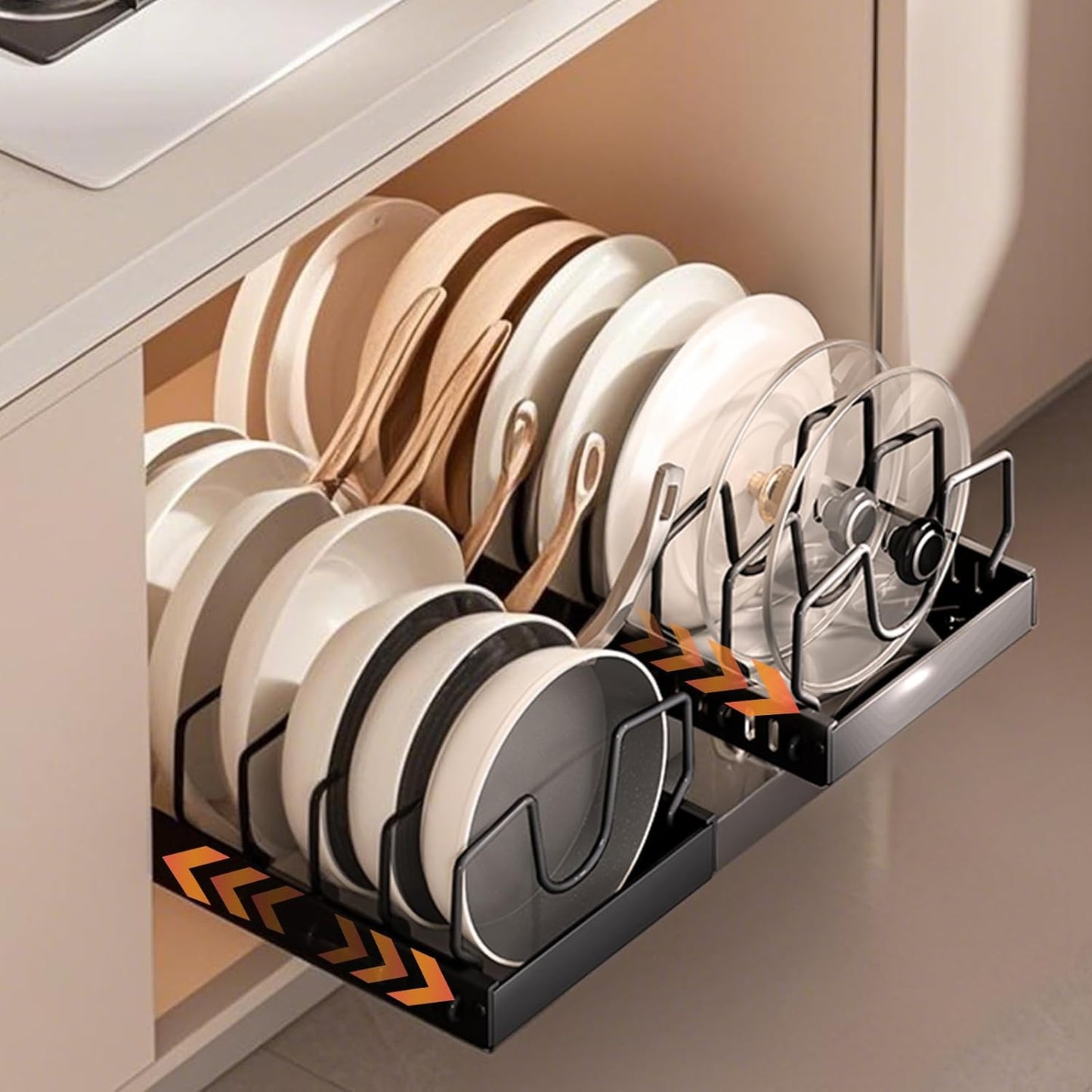 Pots and Pans Organizer Under Cabinet with Adjustable Dividers