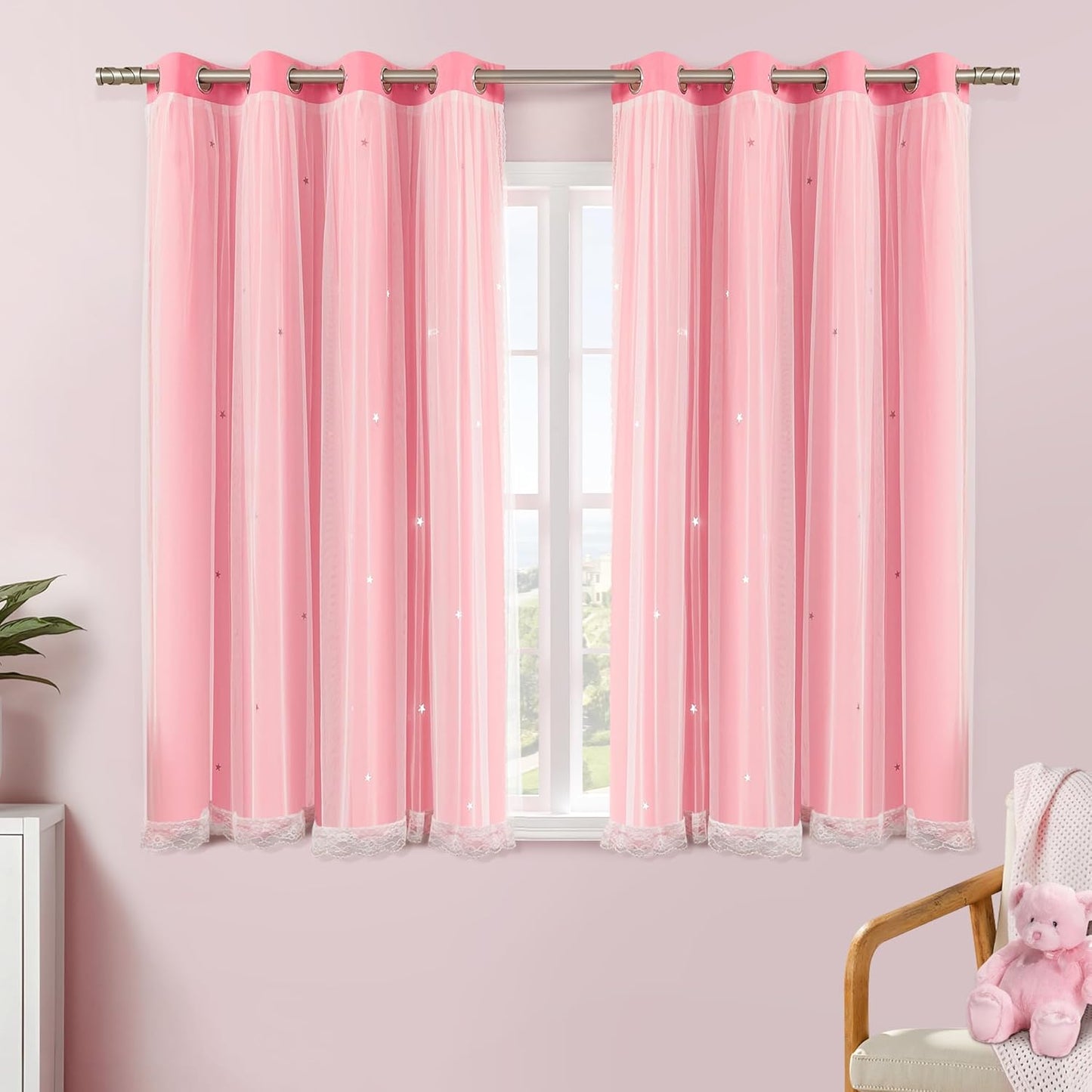 XiDi Pink Blackout Curtains for Girls Bedroom with Sheer Overlay