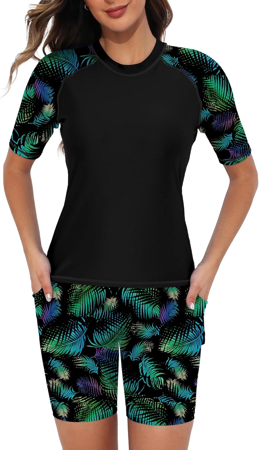 Tournesol Women's Two Piece Rash Guard Swim Set with Pockets